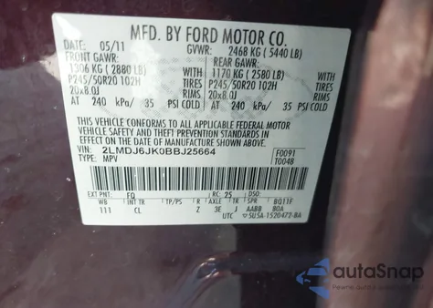 2011 Lincoln Mkx from USA, damaged, VIN 2LMDJ6JK0BBJ25664